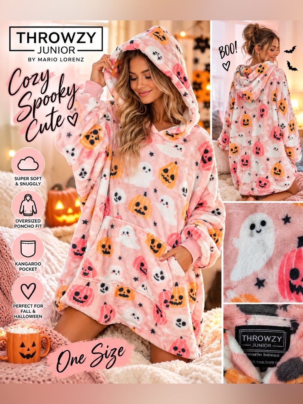NWT Throwzy Junior Halloween Pumpkin Ghost Plush Hooded Poncho One Size